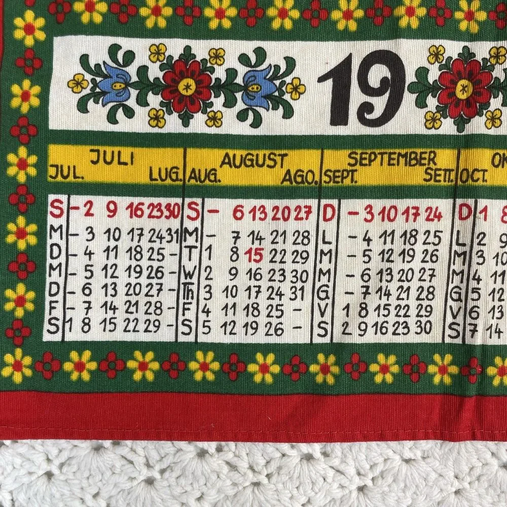 VTG 1978 Linen Tea Towel Calendar Wall Hanging Mountains Chapel Homes 15”x22”